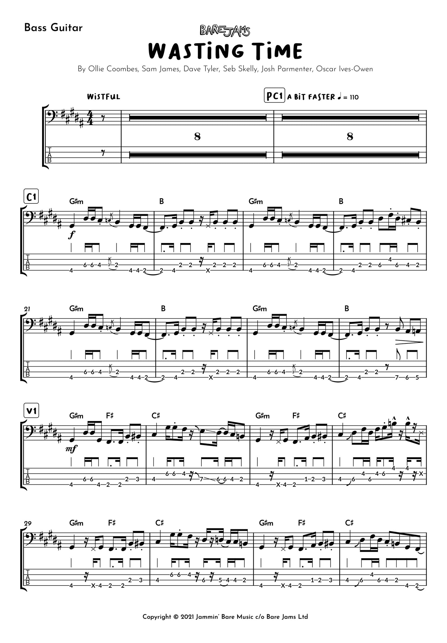 Wasting Time Bass Guitar Sheet Music
