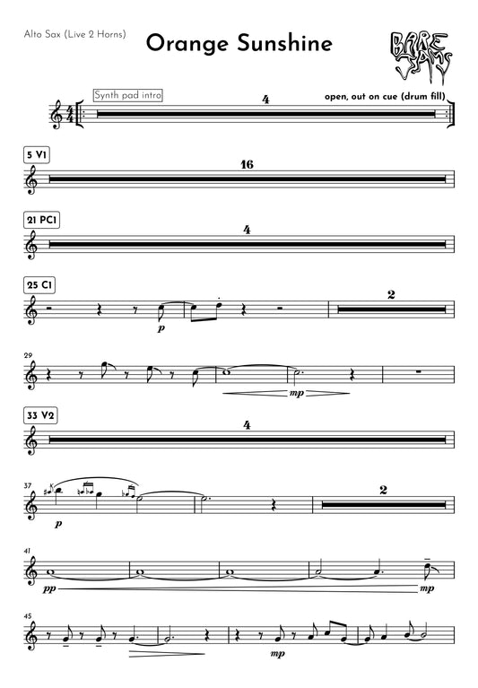 Orange Sunshine Alto Saxophone Sheet Music